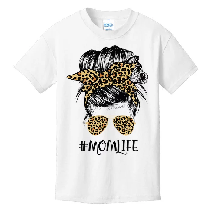 Mom Life Messy Hair Bun Leopard  Mother's Day Kids T-Shirt