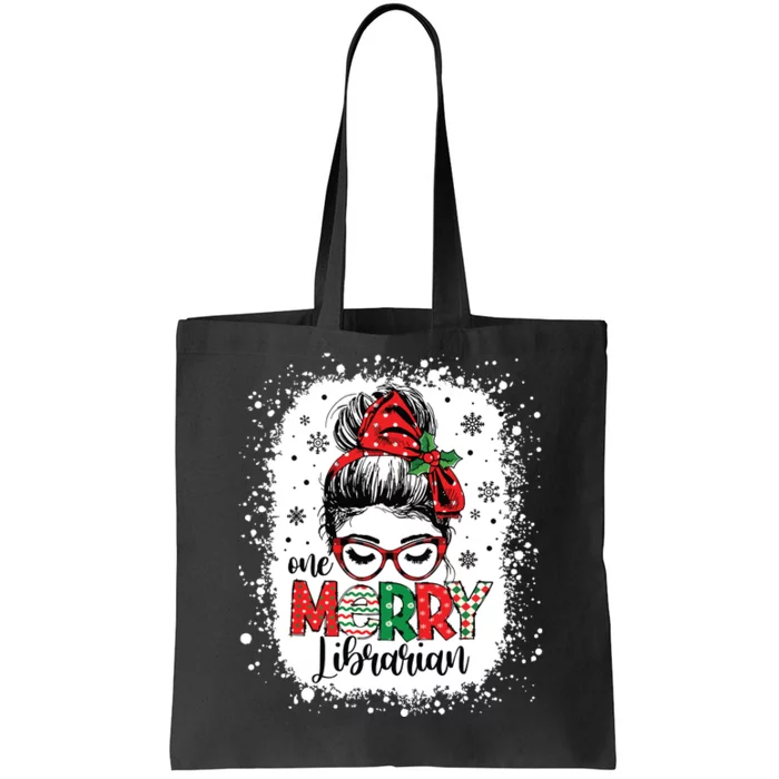 Merry Librarian Messy Bun School Librarian Christmas Library Tote Bag