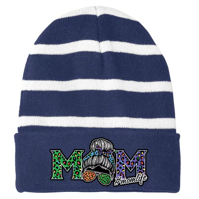 Mom Life Mothers Day Hair Bun Striped Beanie with Solid Band