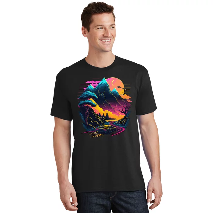 Mountain Life Neon Car Road Scene T-Shirt