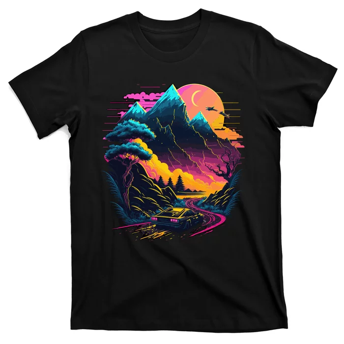 Mountain Life Neon Car Road Scene T-Shirt