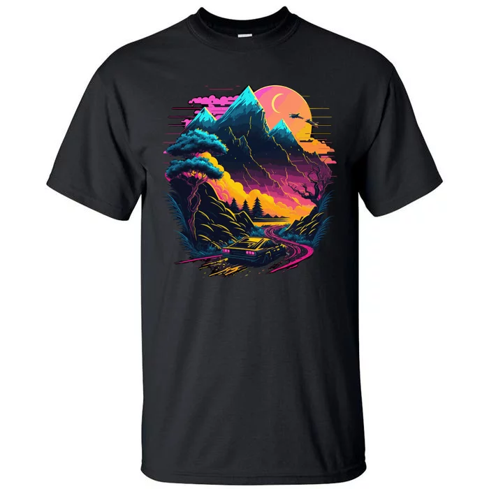 Mountain Life Neon Car Road Scene Tall T-Shirt