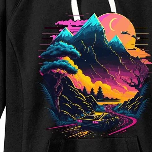 Mountain Life Neon Car Road Scene Women's Fleece Hoodie