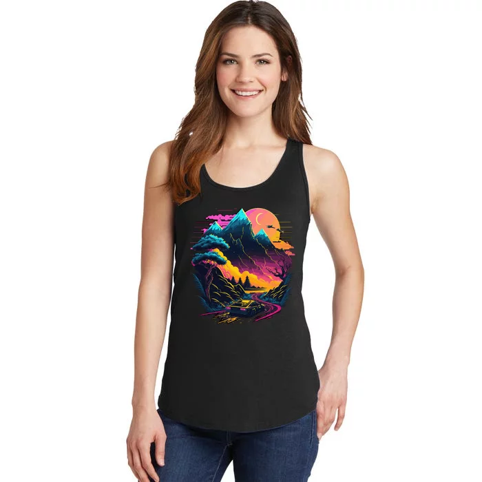 Mountain Life Neon Car Road Scene Ladies Essential Tank