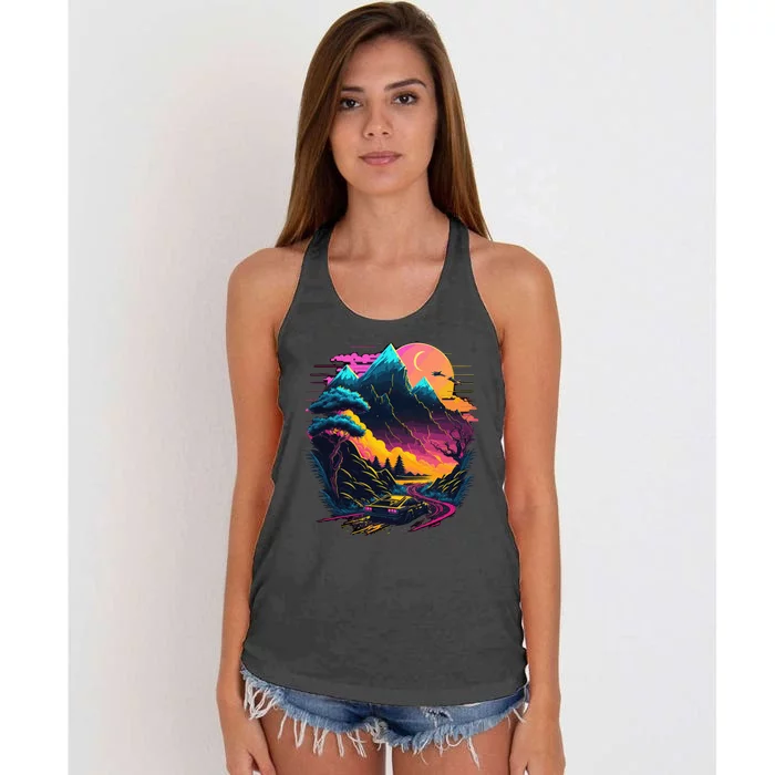 Mountain Life Neon Car Road Scene Women's Knotted Racerback Tank