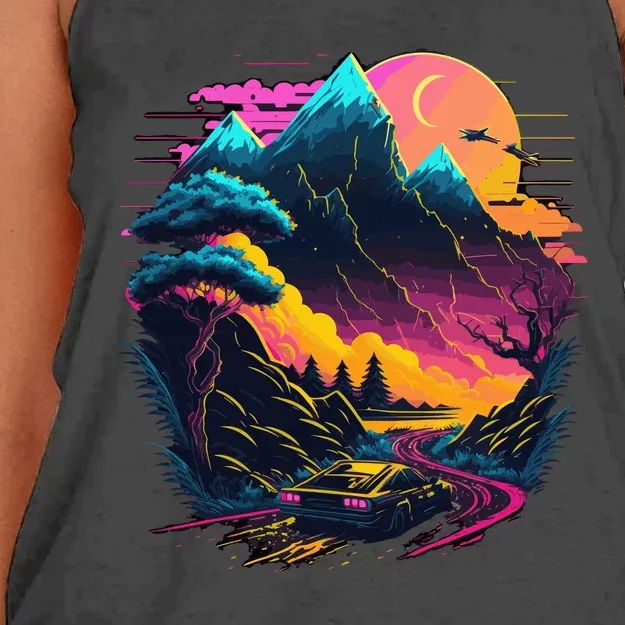 Mountain Life Neon Car Road Scene Women's Knotted Racerback Tank