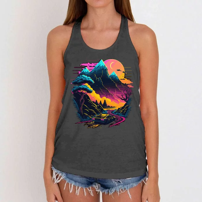 Mountain Life Neon Car Road Scene Women's Knotted Racerback Tank