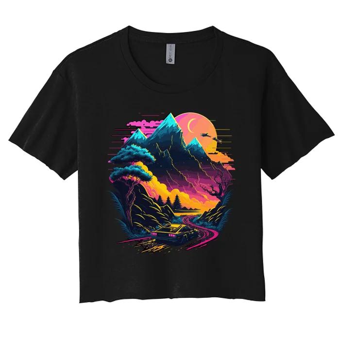 Mountain Life Neon Car Road Scene Women's Crop Top Tee