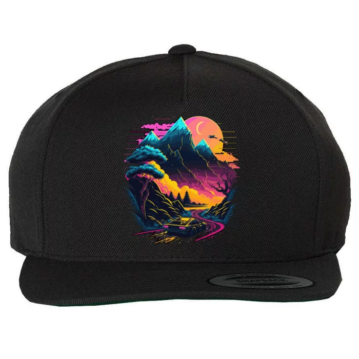 Mountain Life Neon Car Road Scene Wool Snapback Cap