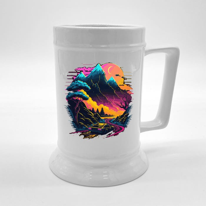 Mountain Life Neon Car Road Scene Front & Back Beer Stein