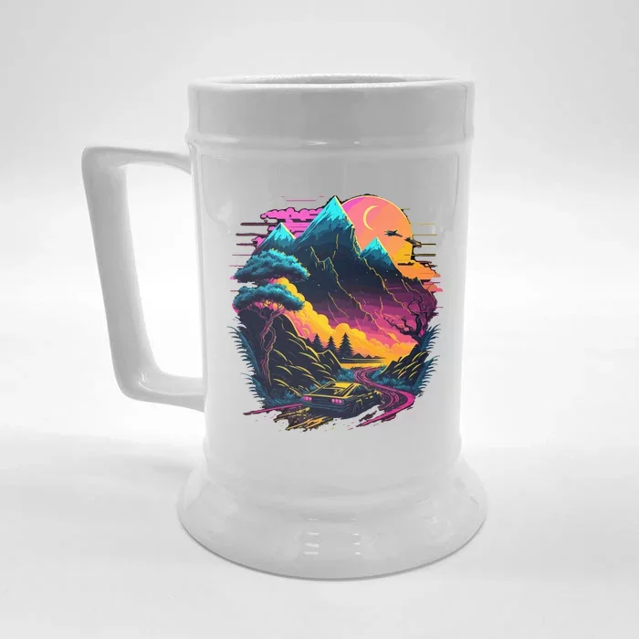 Mountain Life Neon Car Road Scene Front & Back Beer Stein