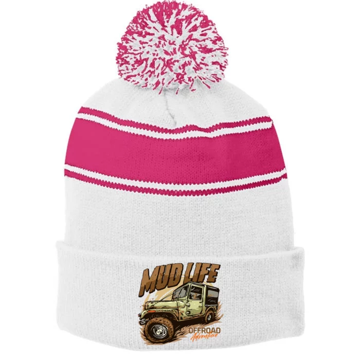 Mud Life Off Roading Offroad 4x4 Suv Stripe Pom Pom Beanie