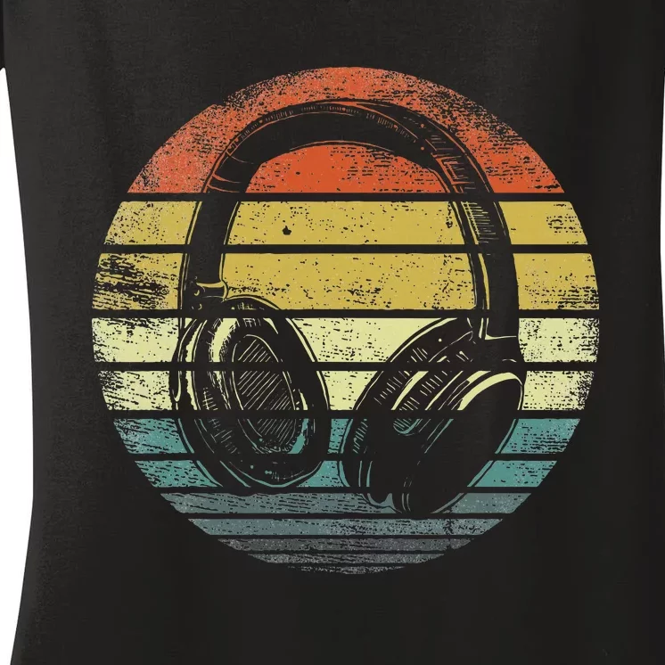 Music Lover Producer Dj Gifts Funny Retro Headphones Women's V-Neck T-Shirt