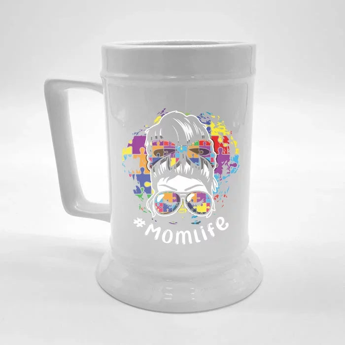 Mommy Life Proud Mama Mom Puzzle April Blue Autism Awareness Great Gift Front & Back Beer Stein