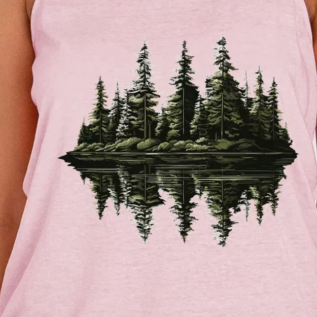 Mountain Landscape Reflection Forest Trees Outdoor Wildlife Gift Women's Knotted Racerback Tank