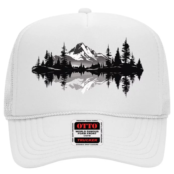 Mountain Landscape Reflection Forest Trees Outdoor Wildlife High Crown Mesh Trucker Hat