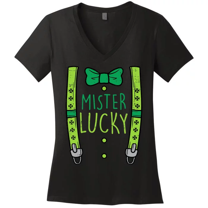 Mister Lucky Suspenders St Patricks Day Boy Toddlers Women's V-Neck T-Shirt