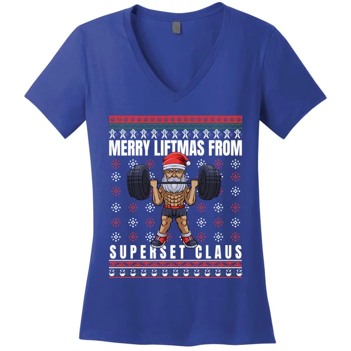 Merry Liftmas Superset Claus For Gym Ugly Christmas Funny Gift Women's V-Neck T-Shirt