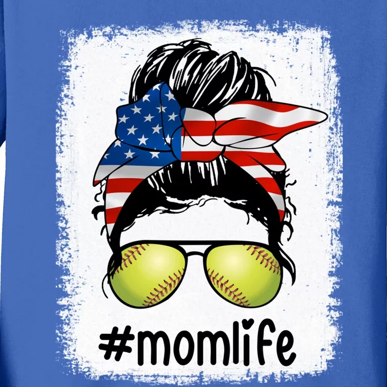 Mom Life Softball Mom American Flag Messy Bun Meaningful Gift Kids Long Sleeve Shirt