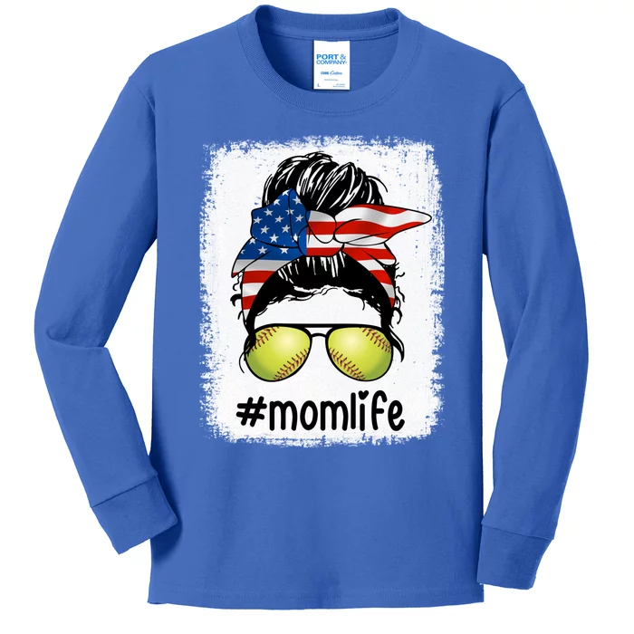 Mom Life Softball Mom American Flag Messy Bun Meaningful Gift Kids Long Sleeve Shirt