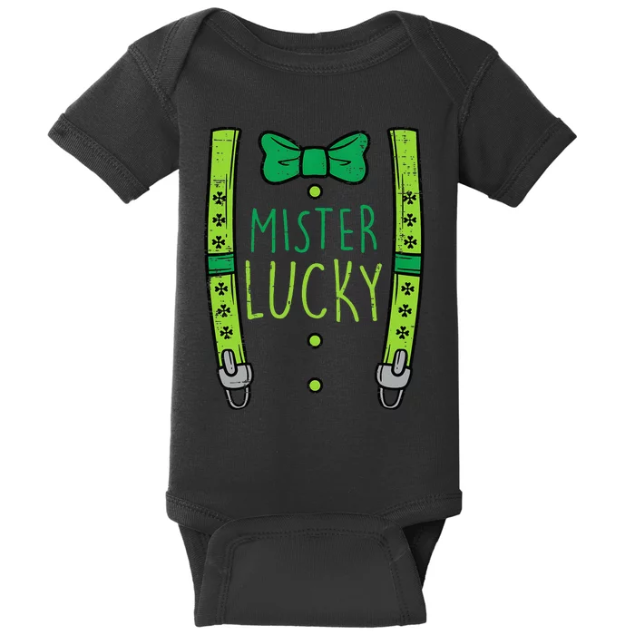 Mister Lucky Suspenders St Patricks Day Baby Bodysuit