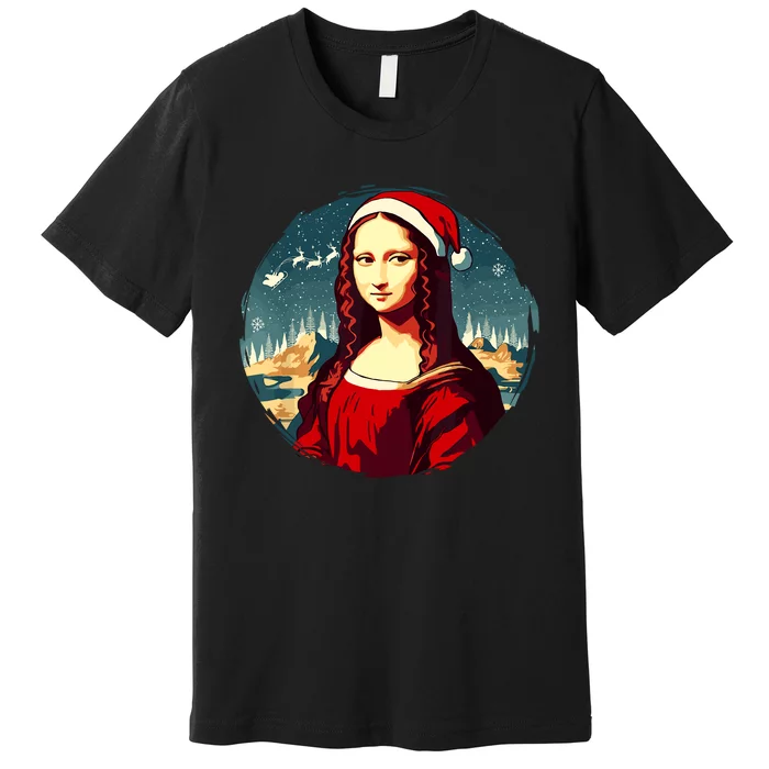 Mona Lisa Santa Hat Funny Christmas Art Premium T-Shirt