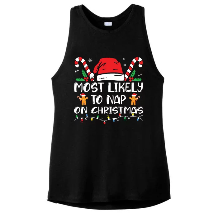 Most Likely To Nap On Christmas Funny Family Christmas Ladies Tri-Blend Wicking Tank