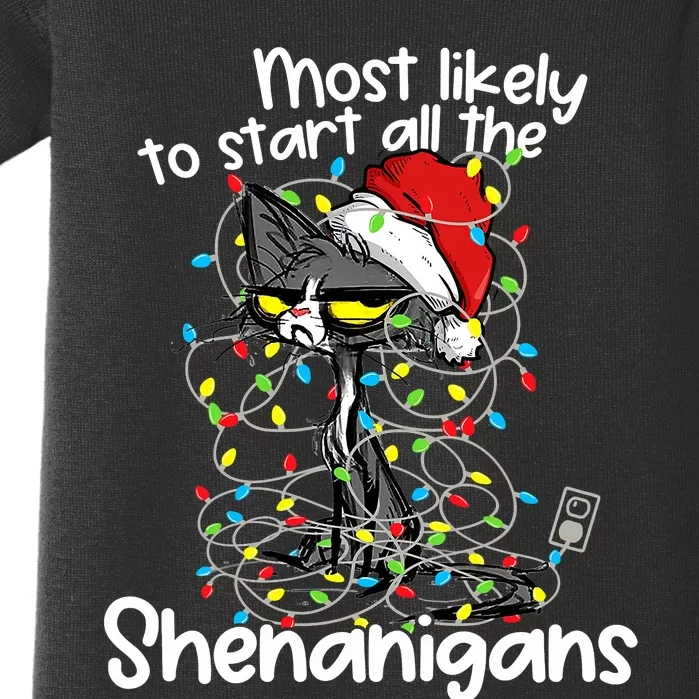 Most Likely To Start All The Shenanigans Funny Cat Christmas Baby Bodysuit