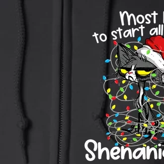 Most Likely To Start All The Shenanigans Funny Cat Christmas Full Zip Hoodie