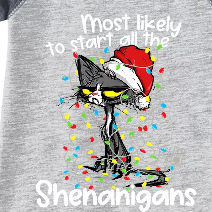 Most Likely To Start All The Shenanigans Funny Cat Christmas Infant Baby Jersey Bodysuit