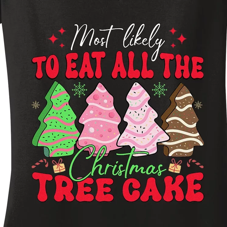 Most Likely To Eat All The Christmas Tree Cake Family Xmas Women's V-Neck T-Shirt