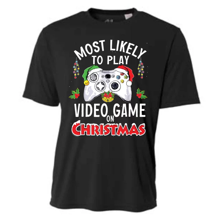 Most Likely To Play Video Games On Christmas Xmas Lights Cooling Performance Crew T-Shirt