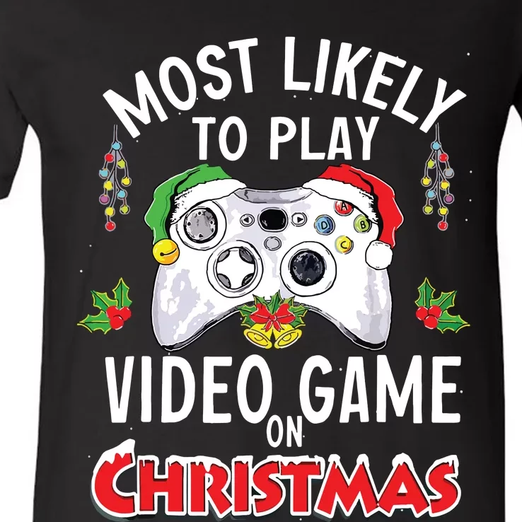 Most Likely To Play Video Games On Christmas Xmas Lights V-Neck T-Shirt