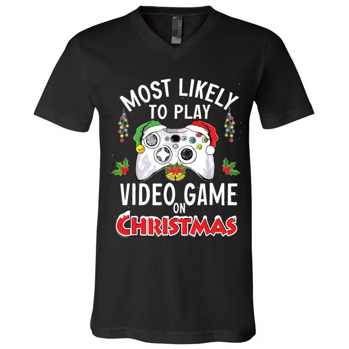 Most Likely To Play Video Games On Christmas Xmas Lights V-Neck T-Shirt