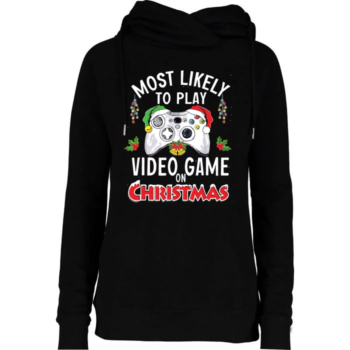 Most Likely To Play Video Games On Christmas Xmas Lights Womens Funnel Neck Pullover Hood