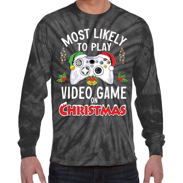 Most Likely To Play Video Games On Christmas Xmas Lights Tie-Dye Long Sleeve Shirt