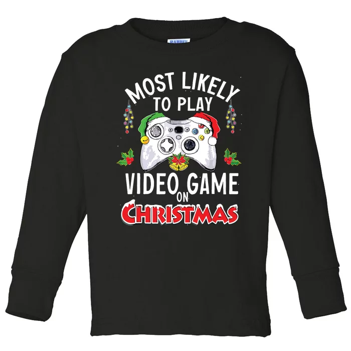 Most Likely To Play Video Games On Christmas Xmas Lights Toddler Long Sleeve Shirt