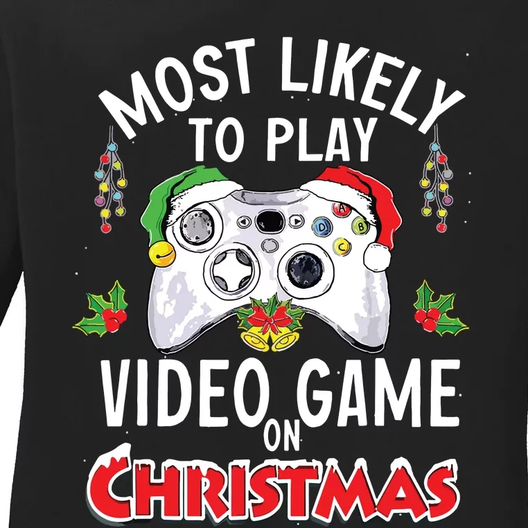 Most Likely To Play Video Games On Christmas Xmas Lights Ladies Long Sleeve Shirt