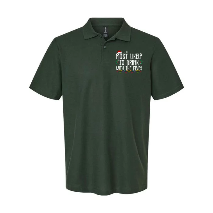 Most Likely To Drink With The Elves Funny Christmas Softstyle Adult Sport Polo