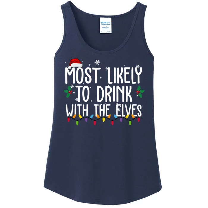 Most Likely To Drink With The Elves Funny Christmas Ladies Essential Tank