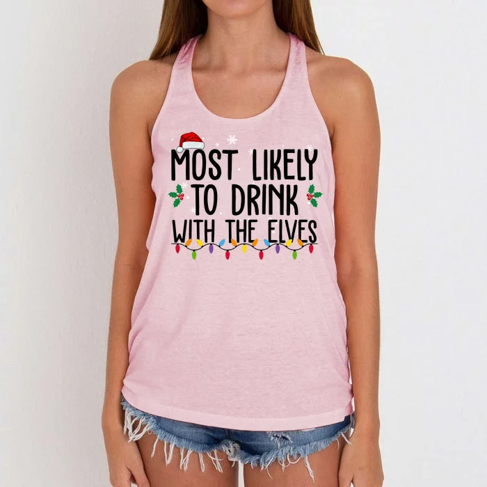 Most Likely To Drink With The Elves Funny Christmas Women's Knotted Racerback Tank