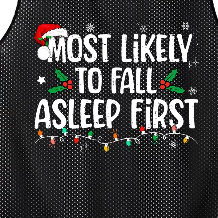 Most Likely To Fall Asleep First Funny Xmas Family Mesh Reversible Basketball Jersey Tank