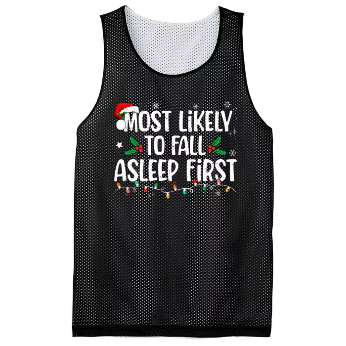 Most Likely To Fall Asleep First Funny Xmas Family Mesh Reversible Basketball Jersey Tank