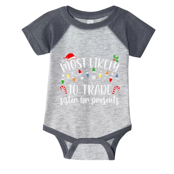 Most Likely To Trade Sister for Presents Family Matching Infant Baby Jersey Bodysuit