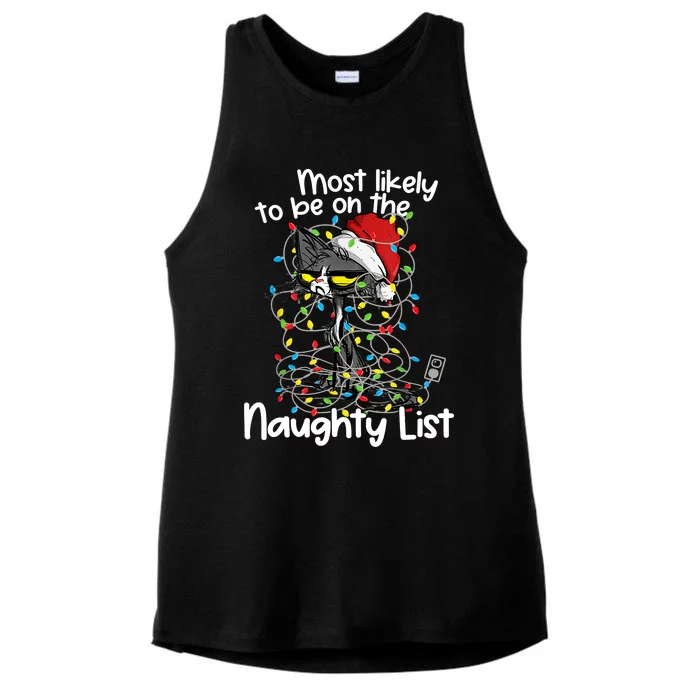 Most Likely To Be On The Naughty List Funny Cat Xmas Lights Ladies Tri-Blend Wicking Tank