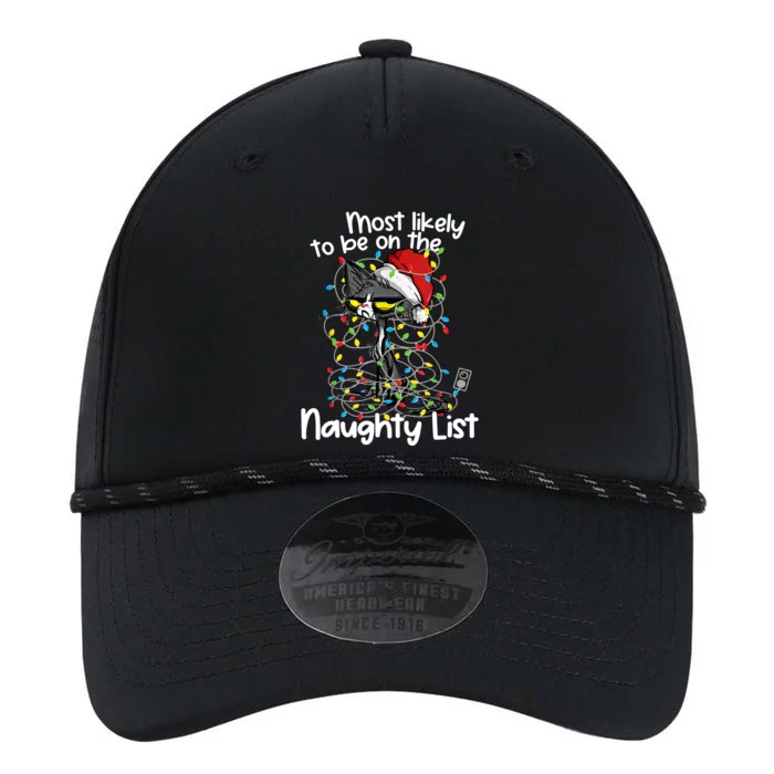 Most Likely To Be On The Naughty List Funny Cat Xmas Lights Performance The Dyno Cap