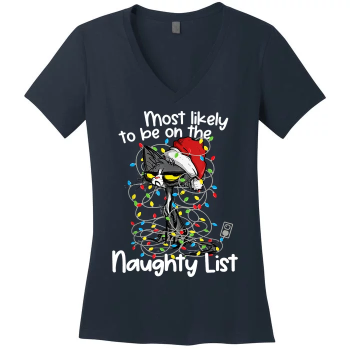 Most Likely To Be On The Naughty List Funny Cat Xmas Lights Women's V-Neck T-Shirt