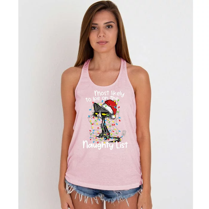 Most Likely To Be On The Naughty List Funny Cat Xmas Lights Women's Knotted Racerback Tank