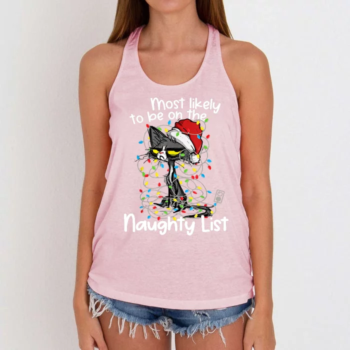 Most Likely To Be On The Naughty List Funny Cat Xmas Lights Women's Knotted Racerback Tank