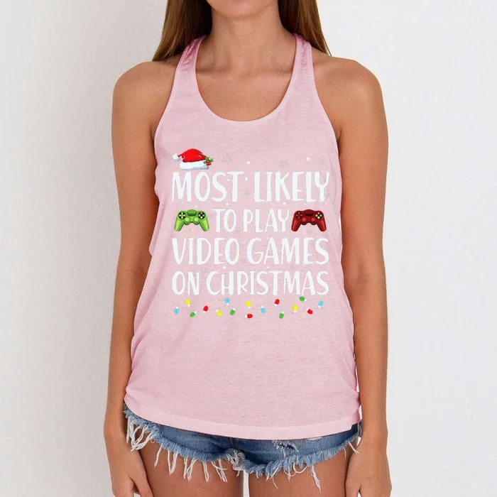 Most Likely To Play Video Game On Christmas Santa Gaming Women's Knotted Racerback Tank